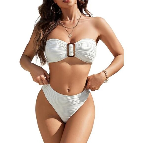 Women's Strapless Ribbed Bikini Set High Cut Cheeky Two Piece